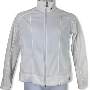 Nike Size Large Fleece Sweatshirt White Zip Up Pockets Logo Spellout Womens